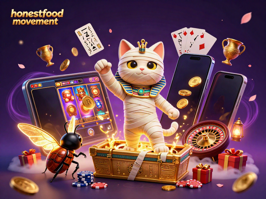 Engage in exciting gameplay with honestfoodmovement featuring a cartoon mummy cat and casino elements.