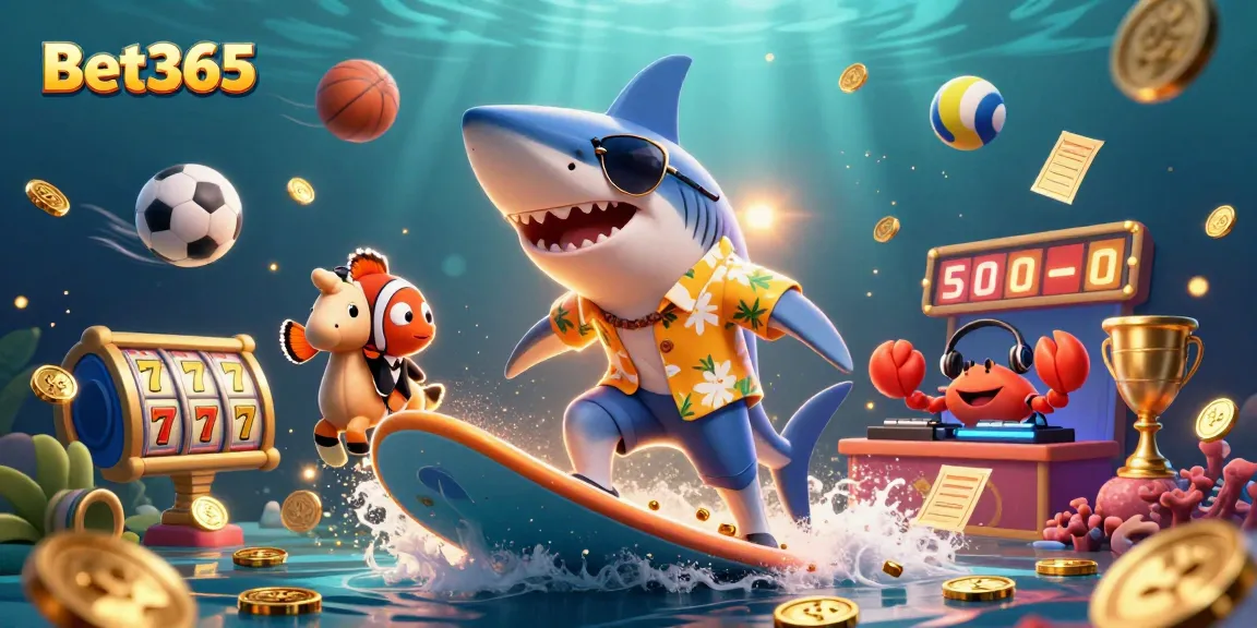 Bet365 players engaging with an ultra-detailed 3D casino illustration featuring a lively scene of characters surrounded by spinning slots and dynamic sports elements.
