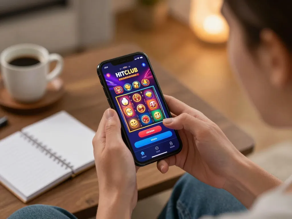 Engaging with the HITCLUB app on a smartphone while planning gaming strategies in a cozy home.
