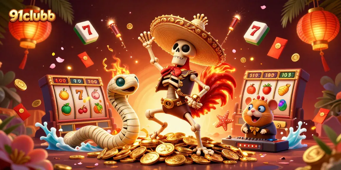 Engage with 91clubb in this vibrant scene featuring a winning skeleton rooster and lively gaming elements.