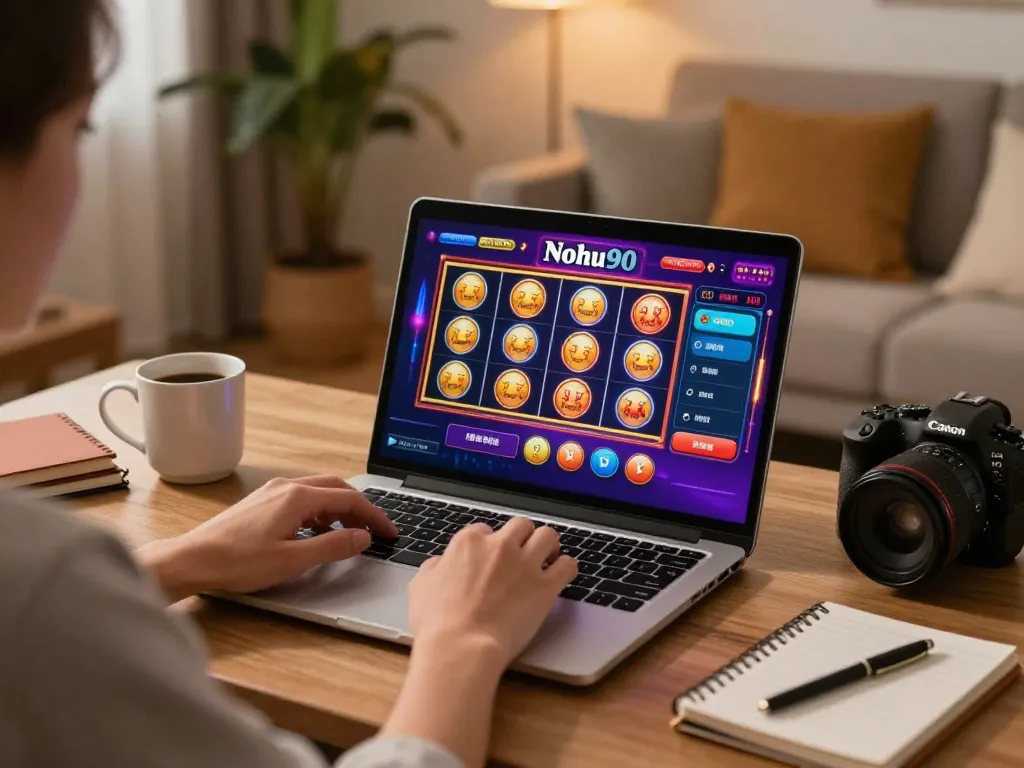 Person playing Nohu90 online casino on a laptop in a cozy home setting.