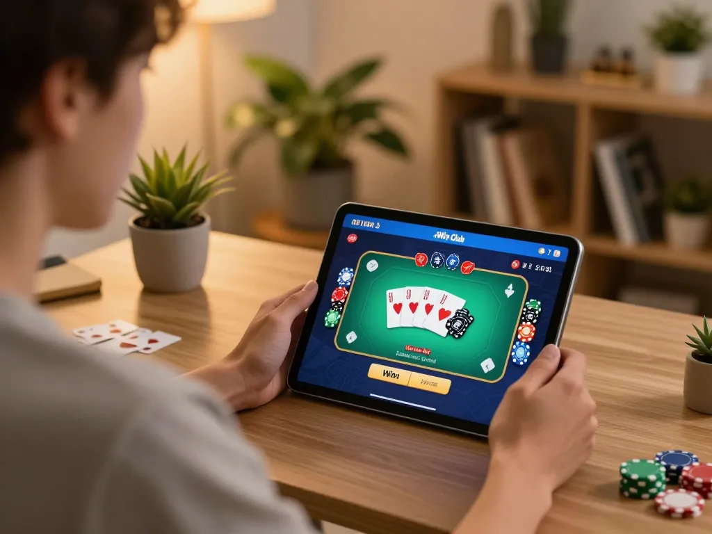 Playing the iWin Club poker game on a tablet in a cozy home office