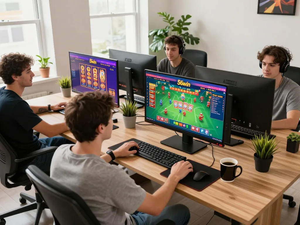 56win user engaged in lively online casino gaming with multiple screens active.