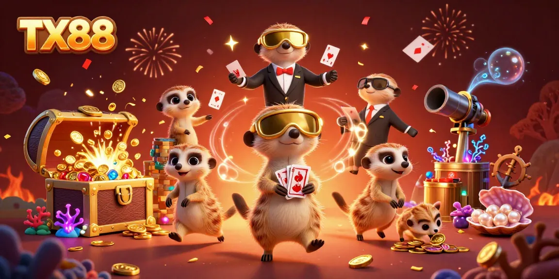 Experience the thrilling TX88 casino adventure with meerkats, gold coins, and vibrant gaming elements!