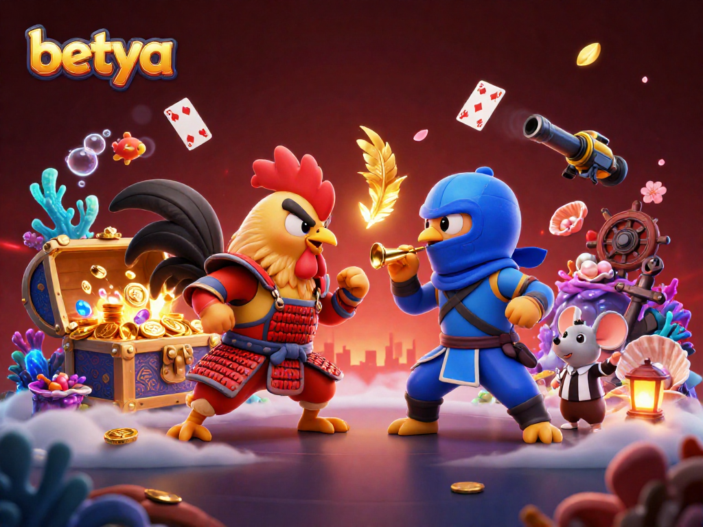 Betya faces off in an engaging standoff between samurai and ninja roosters amidst explosive casino elements.