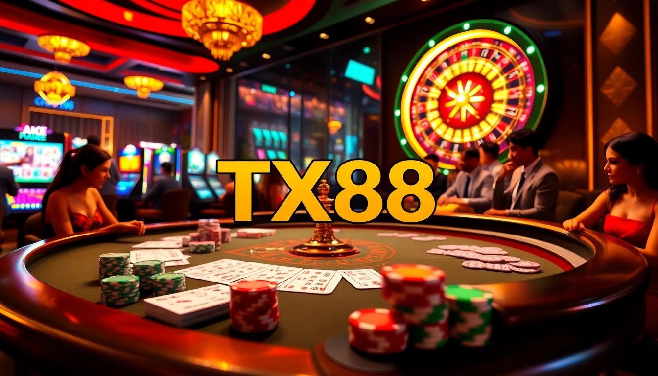 TX88 players enjoying a thrilling casino experience with poker chips and a roulette wheel.