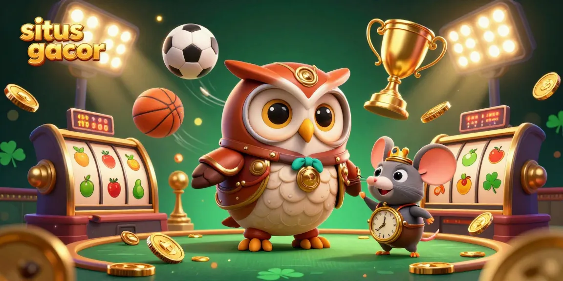 Gamer menikmati pengalaman seru situs slot gacor dengan karakter kasino dan bola olahraga.