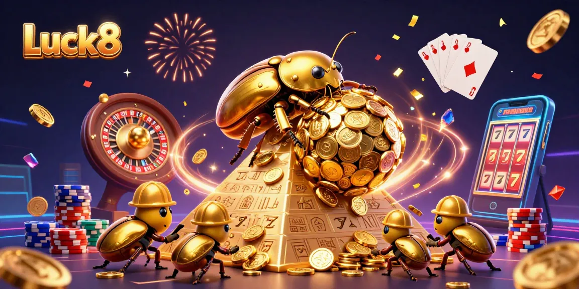 Experience Luck8's thrilling casino action with golden coins cascading and vibrant game elements.