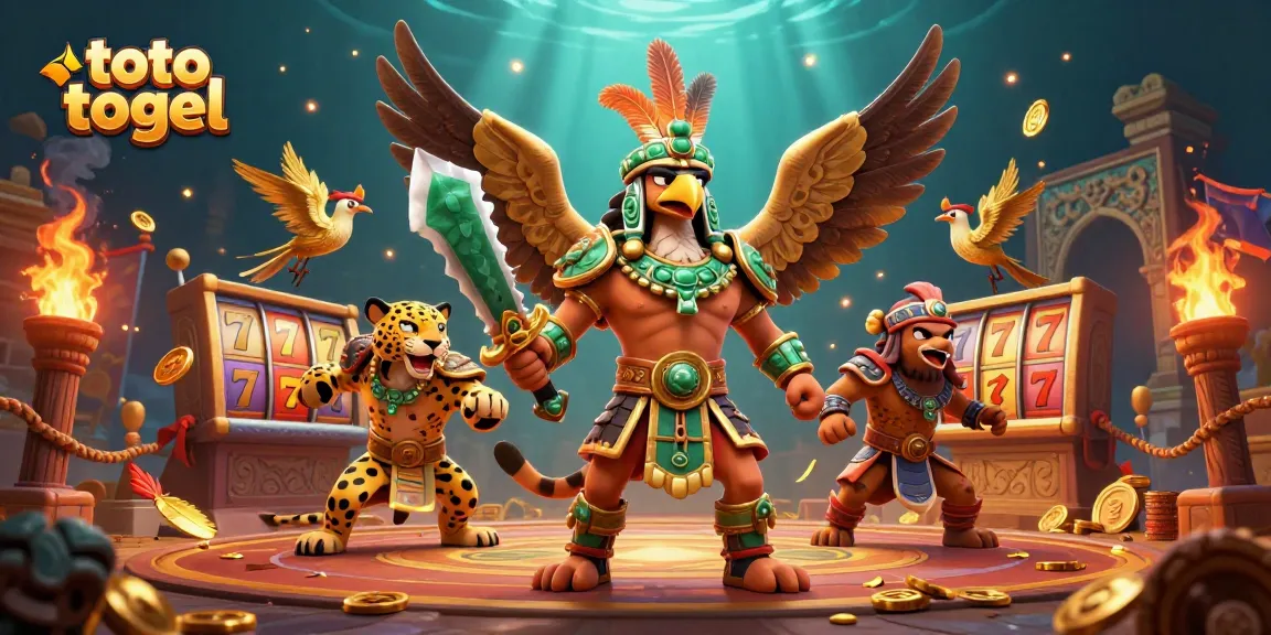 Experience the excitement of toto togel with a vibrant 3D casino illustration featuring Aztec warriors.