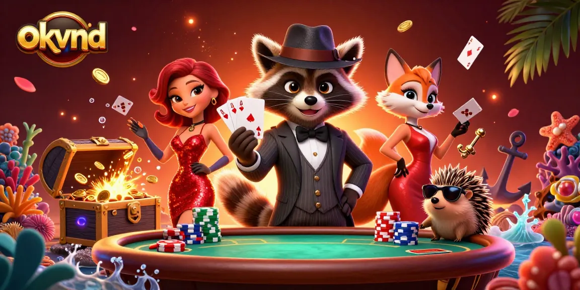 Experience excitement with okvnd as a raccoon deals a royal flush at a vibrant poker table.