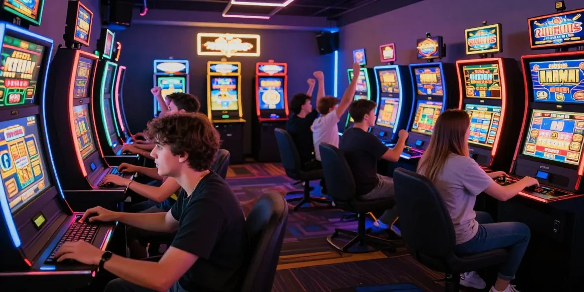 Pengunjung bermain mesin slot di vegas123, suasana meriah dengan lampu neon yang berwarna-warni.