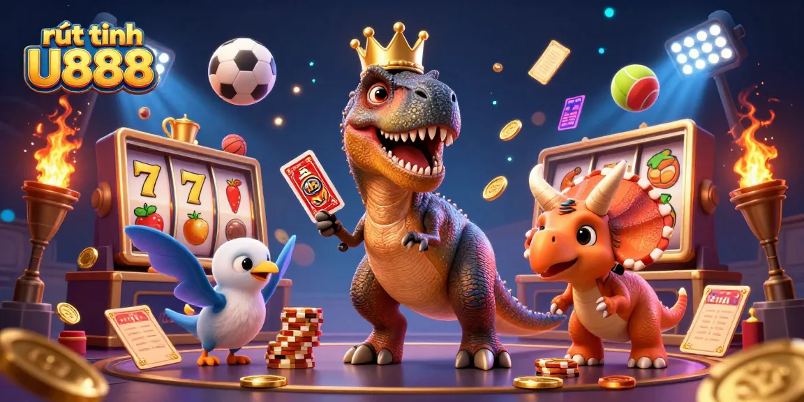 Experience rút tiền U888 with playful dinosaurs and lively slot elements in vibrant casino action.
