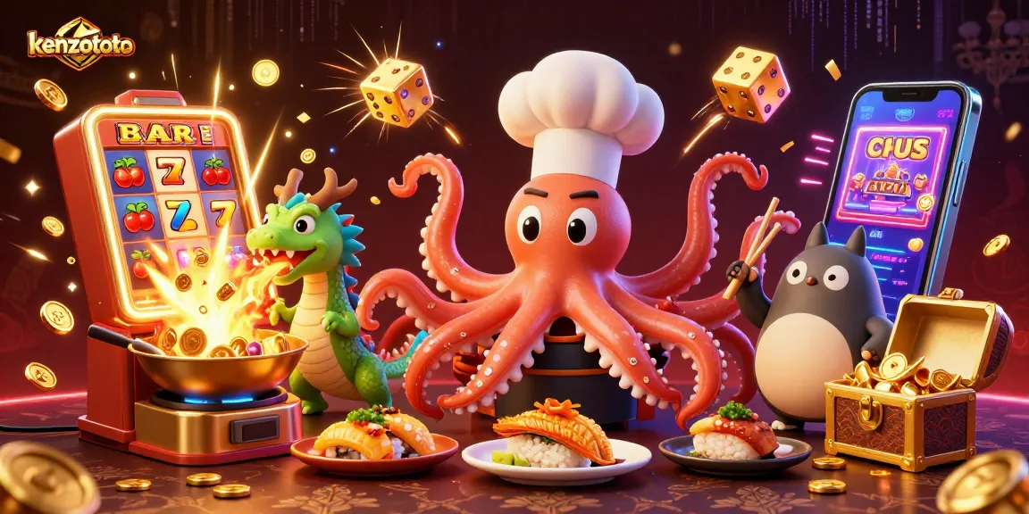Experience thrilling wins at kenzototo with a vibrant 3D illustration of dynamic gaming elements and characters.
