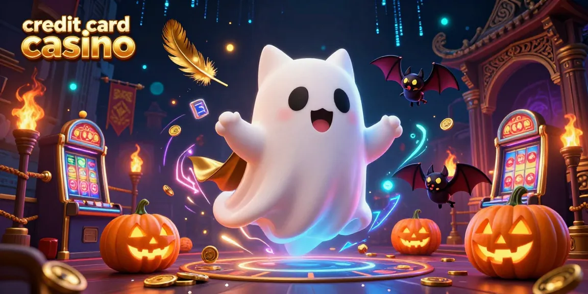 Experience the thrill of a credit card casino with a floating ghost cat and vibrant Halloween-themed elements.