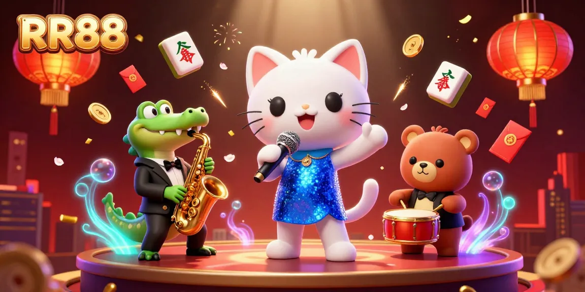 Experience the vibrant casino scene with RR88, featuring a jazz-singer cat, saxophone crocodile, and drum bear.