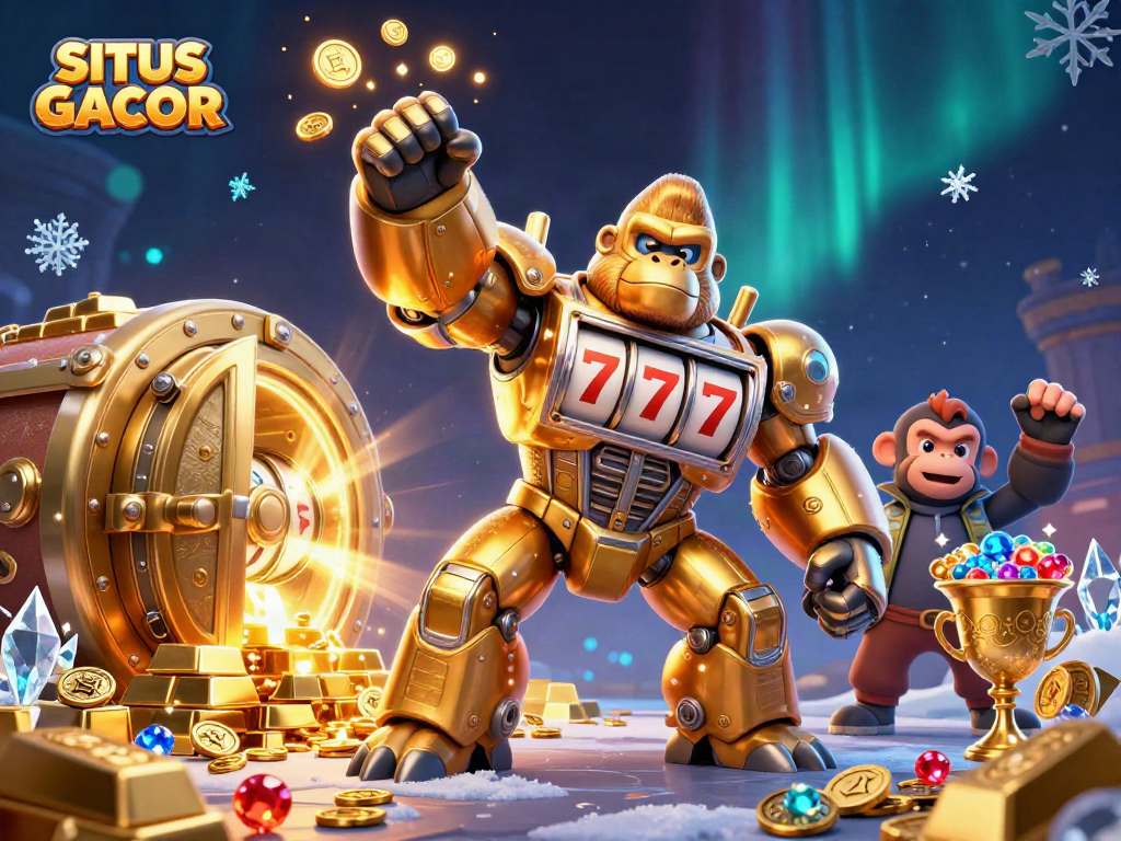 SITUS GACOR showcases a vibrant 3D illustration with a golden gorilla mech amidst treasure and glowing elements.