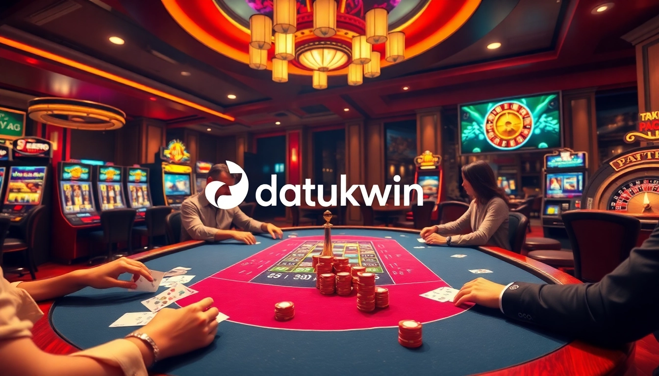 Pemain menikmati permainan poker di Kasino mewah yang menampilkan branding datukwin dengan chip dan kartu berwarna cerah.