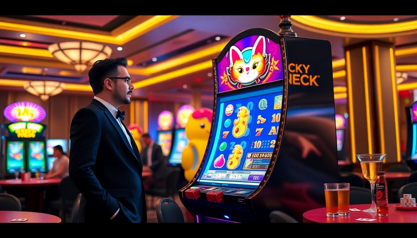 Engage in thrilling gameplay with the Lucky Neko PG Soft เกมสล็อตยอดนิยม slot machine in a luxurious casino setting.