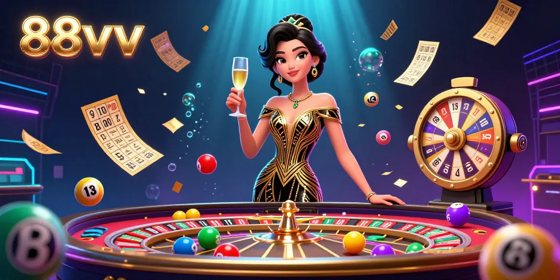 Experience the excitement of 88vv with vibrant lottery elements and a glamorous casino aesthetic.