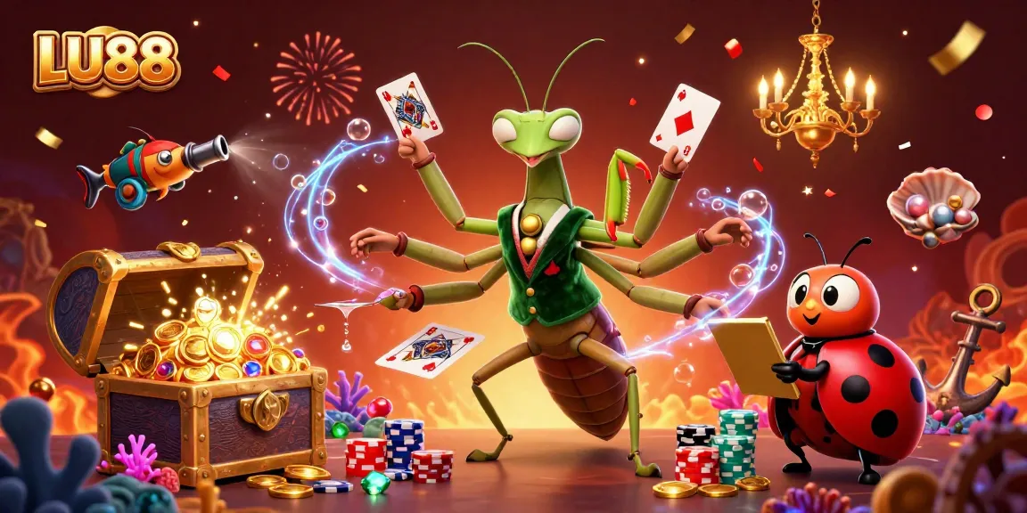Join LU88's vibrant casino scene with animated characters dealing cards and celebrating, highlighting thrilling gaming action.