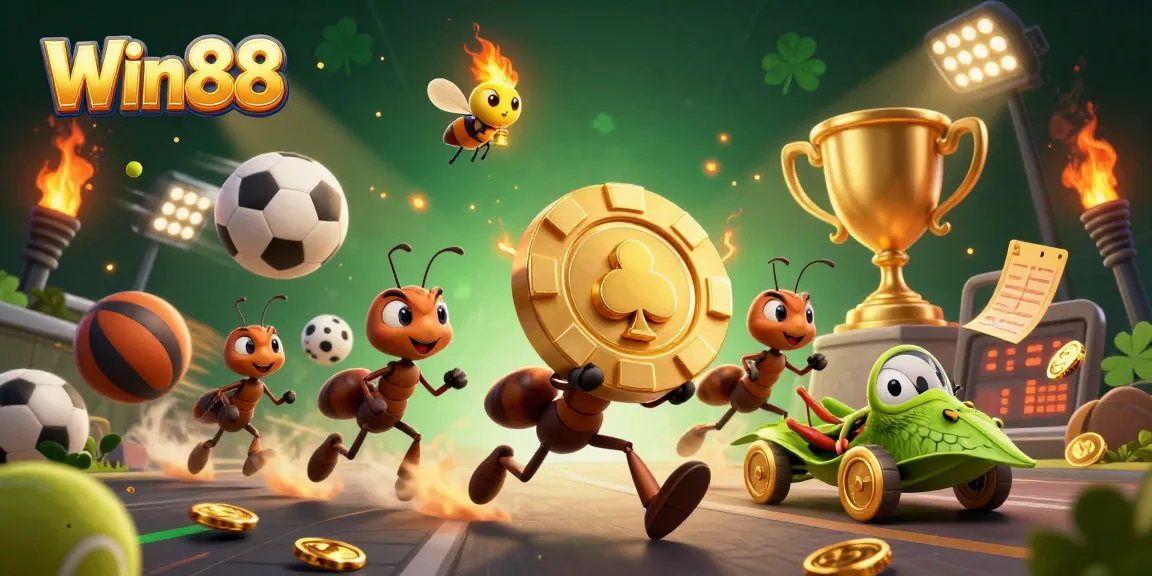 Win88 gaming scene with ants and a grasshopper, dynamic betting elements surrounding