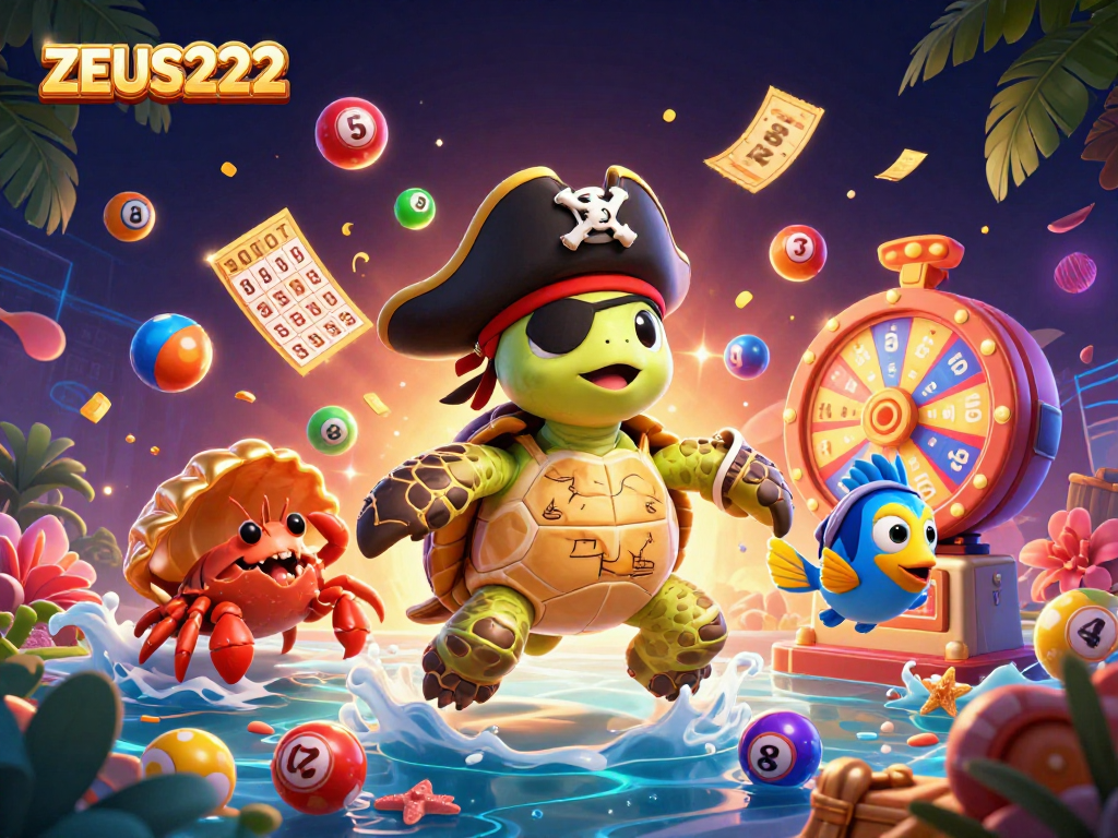 Play at ZEUS222 with vibrant gambling elements surrounding a pirate turtle, crab, and parrotfish.