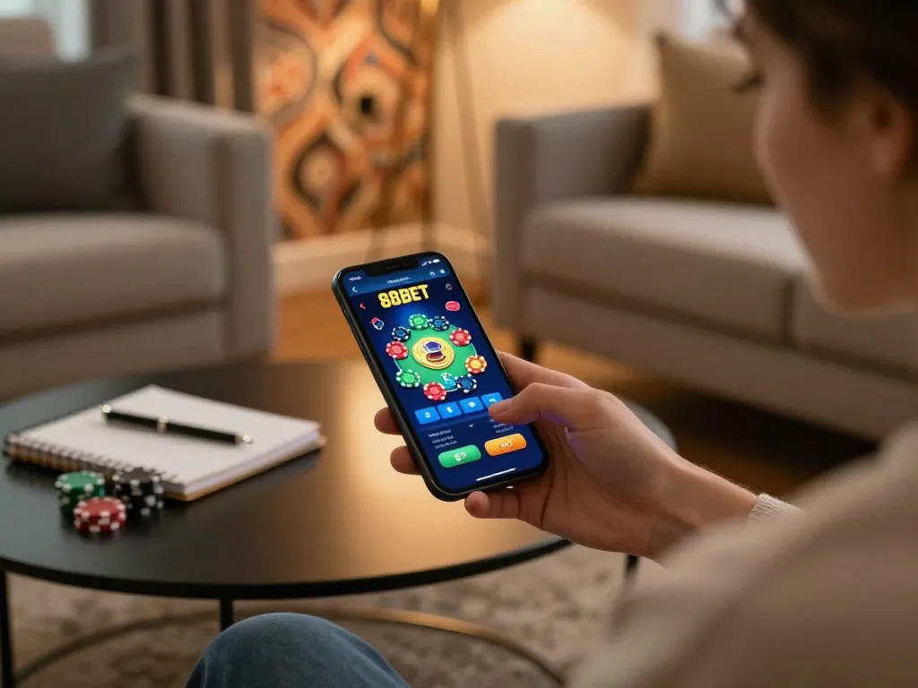 Experience the excitement of 88BET on the mobile app, showcasing strategic betting in a cozy home setting.