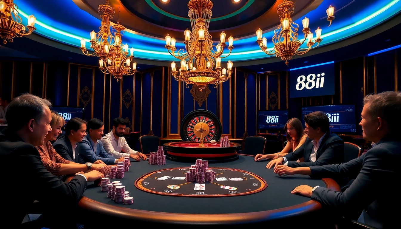 Players enjoying an exciting poker game at 88i casino with vibrant decor and digital betting.