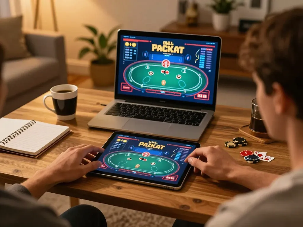 Pengguna Kenzototo menjelajahi strategi poker online melalui tablet di pengaturan rumah yang nyaman.