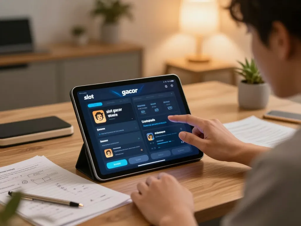 Engaging with slot gacor games on a tablet in a cozy home setting.