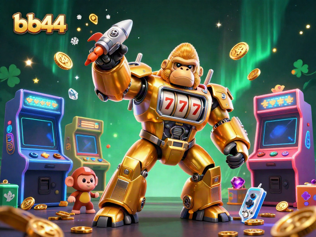 Win big with exciting bb44 game elements featuring a golden gorilla mech and vivid arcade machines.