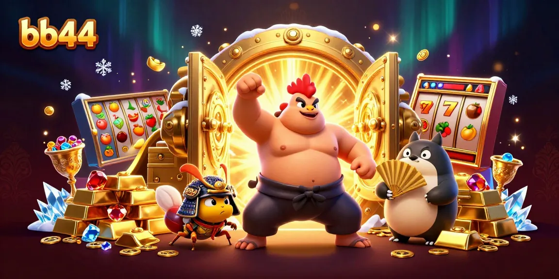 Experience the action at bb44 with a dynamic casino scene featuring a sumo wrestler, samurai cricket, and tanuki announcer.