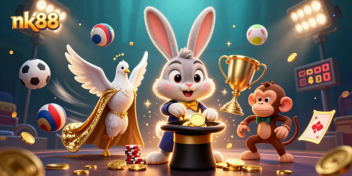 Experience the thrill of nk88 with an enchanting scene of a magician rabbit and golden coins.