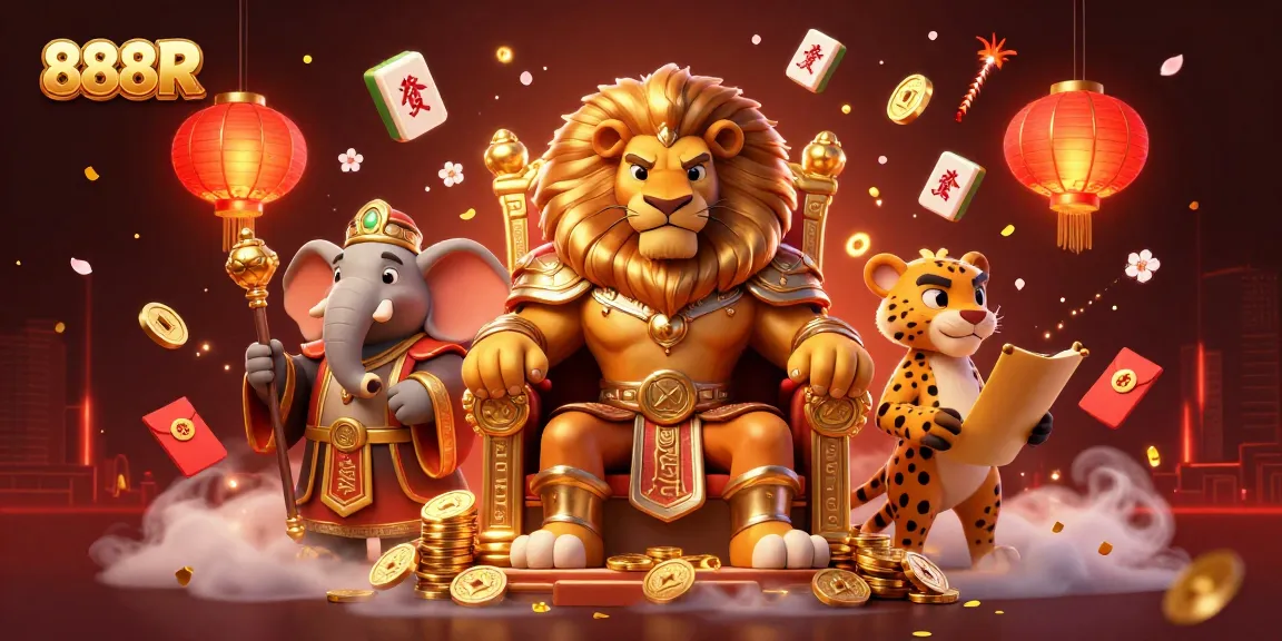 Engage with 888R in a vibrant casino setting featuring majestic characters.