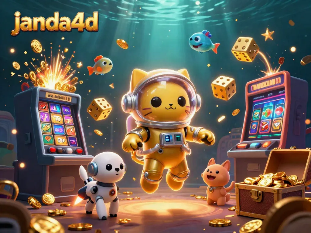 Gambar menarik slot janda4d dengan karakter kucing astronot dan anjing robot.