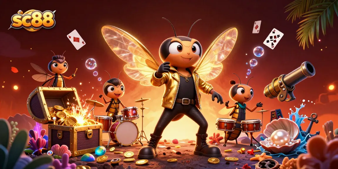 Experience the excitement of sc88 with a vibrant scene featuring a cicada rock star, gold coins, and casino elements.