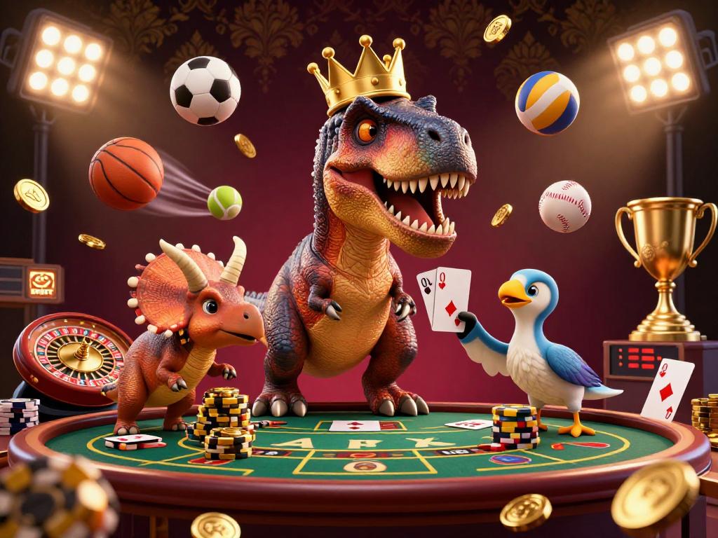 Experience exciting live casino action with SHBET featuring a T-Rex, pterodactyl, and triceratops amidst thrilling gaming elements.