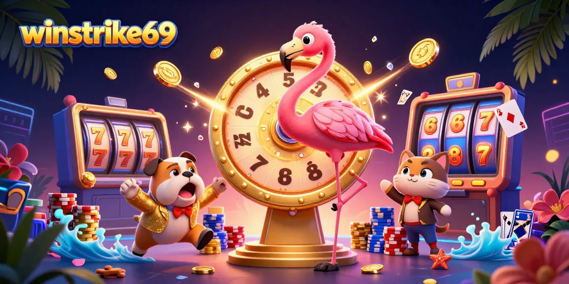 Experience the thrill of winstrike69 with dynamic scenes of slot machines and gambling excitement.