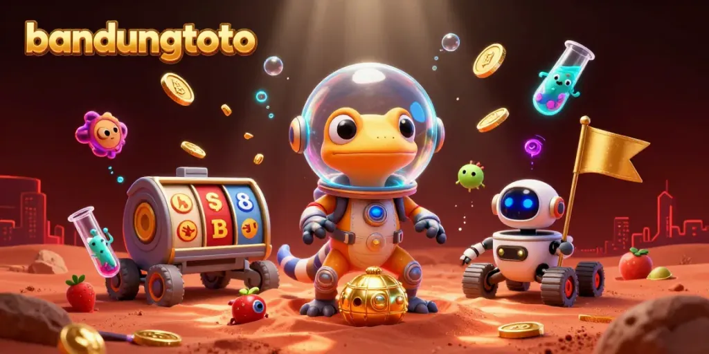 Celebrate wins with bandungtoto in this vibrant casino-themed Martian illustration.
