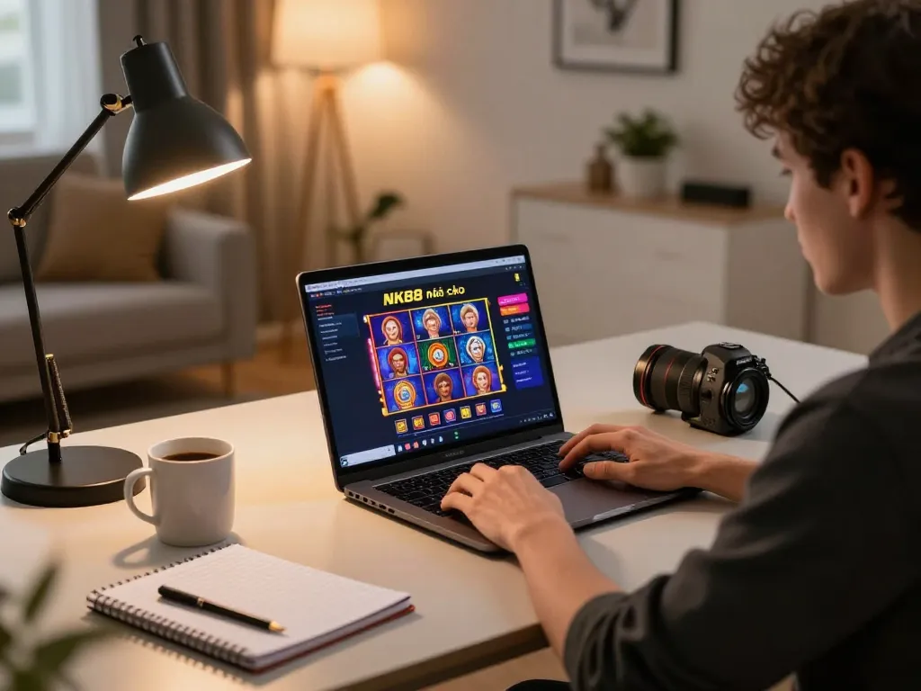 Player engaging with NK88 nhà cái interface on a laptop, showcasing online gaming strategy.