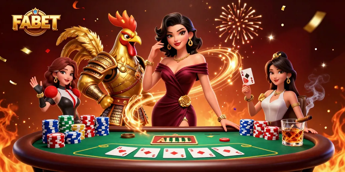 Bet on FABET with a glamorous lady and a golden rooster warrior amidst poker chips and cards