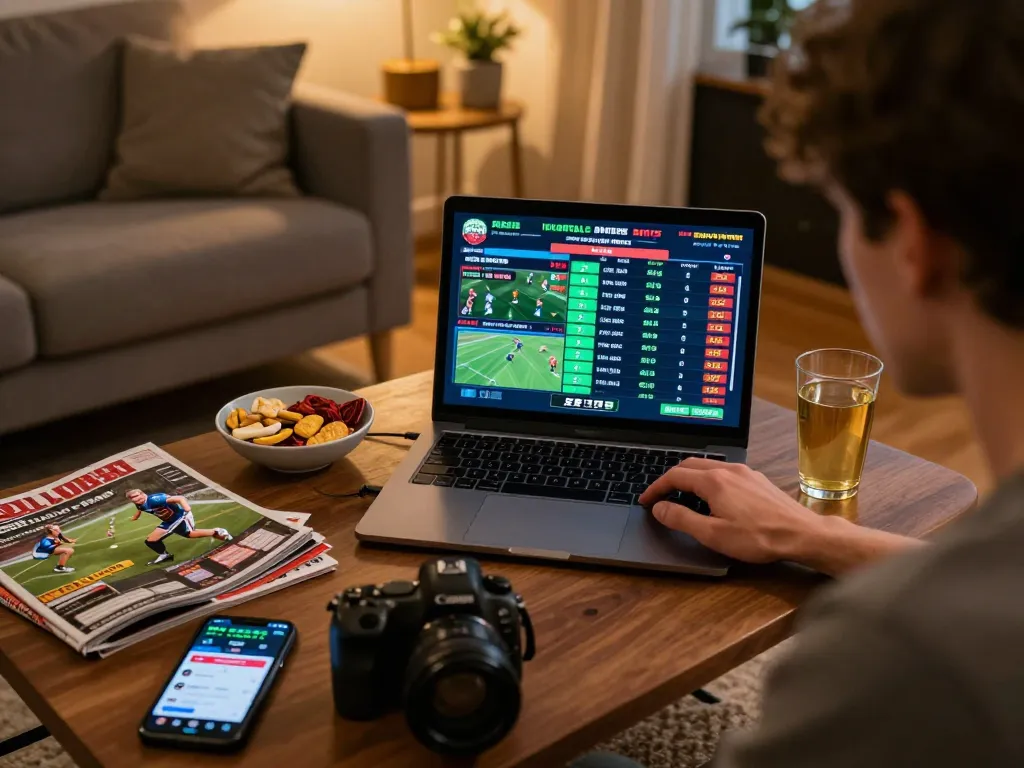 UU88 sports betting scene with a player engaged in live match betting from home, cozy setting.
