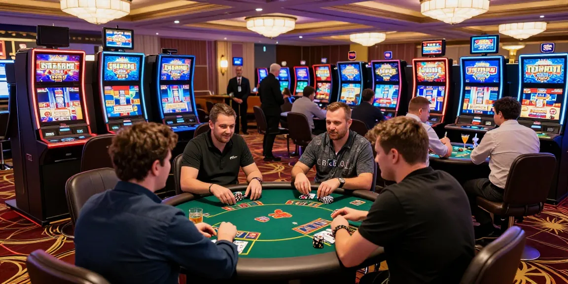 Players enjoying credit card casinos UK with colorful slot machines and table games