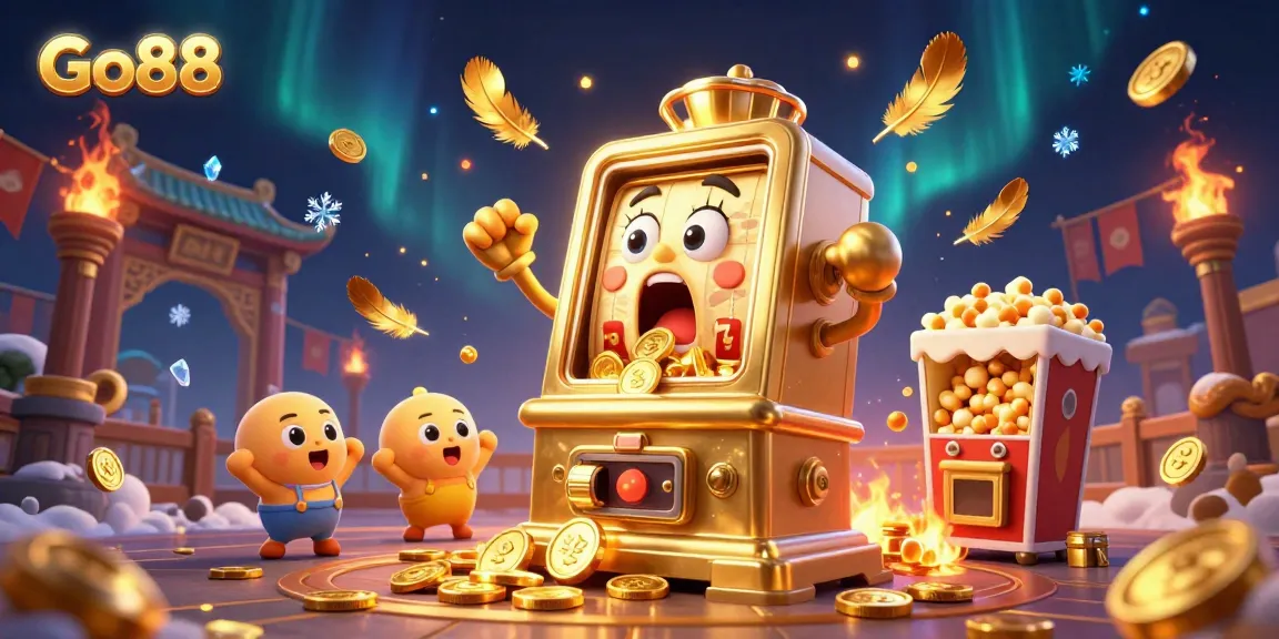 Go88 slot machine hits jackpot with coins pouring as baby slots cheer in vibrant casino scene.