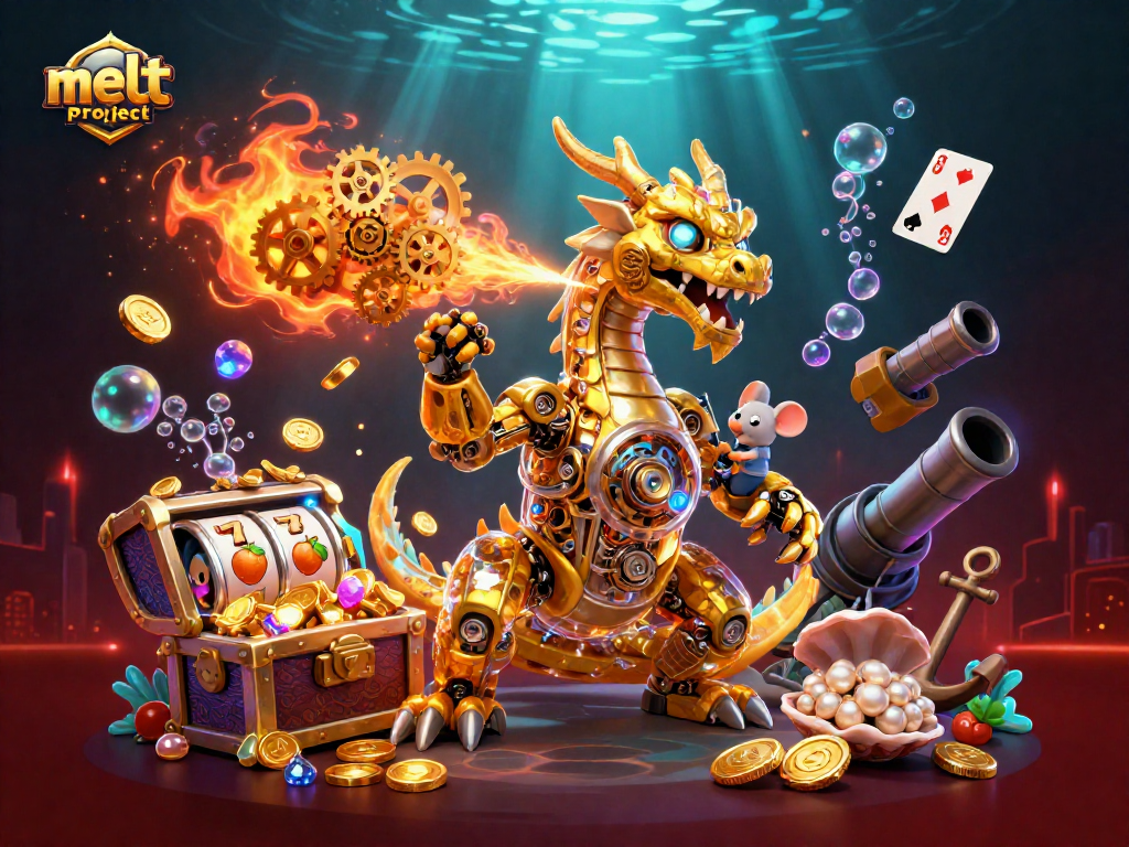 Experience winning with melt-project as vibrant casino treasures float around a golden dragon.