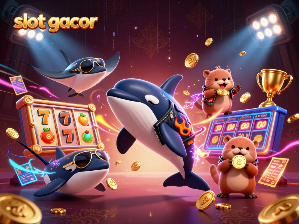 Spin the slot gacor reels with a vibrant casino scene featuring an orca, stingray, and otters.