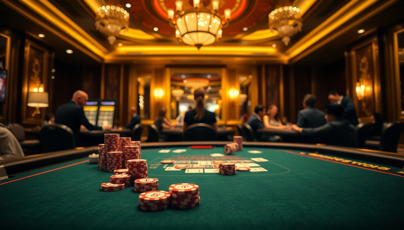 Menampilkan suasana situs toto dengan meja kasino yang elegan dan chip berwarna-warni.