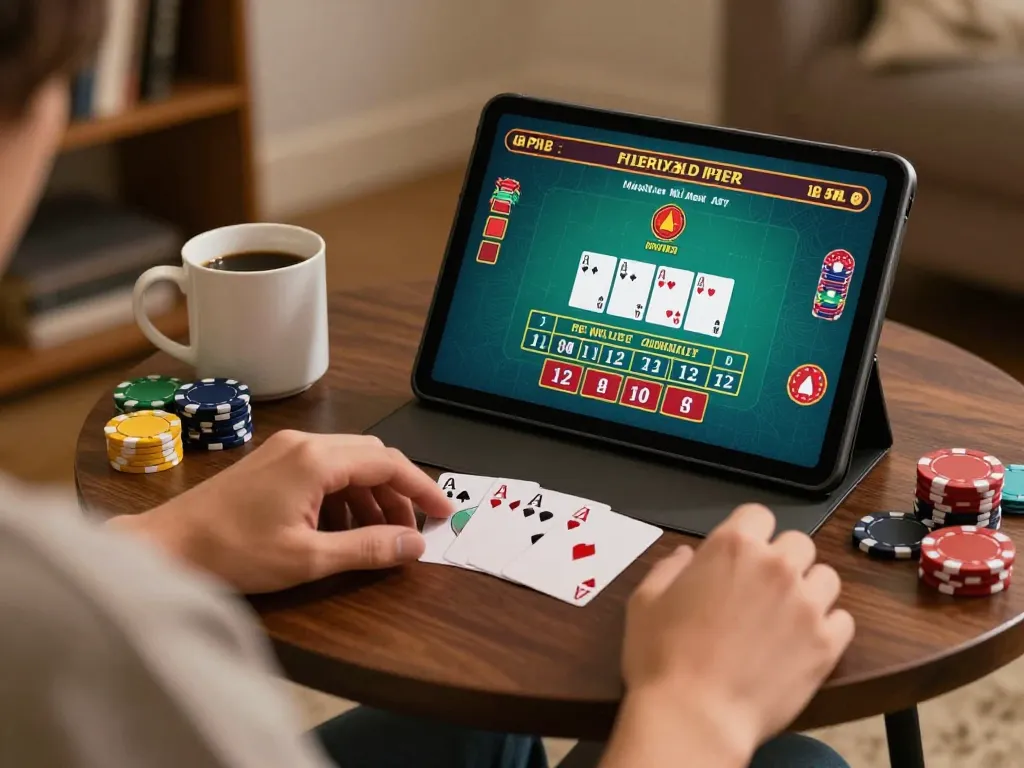 Engaging in GG88 online blackjack in a cozy home setup with a tablet and snacks
