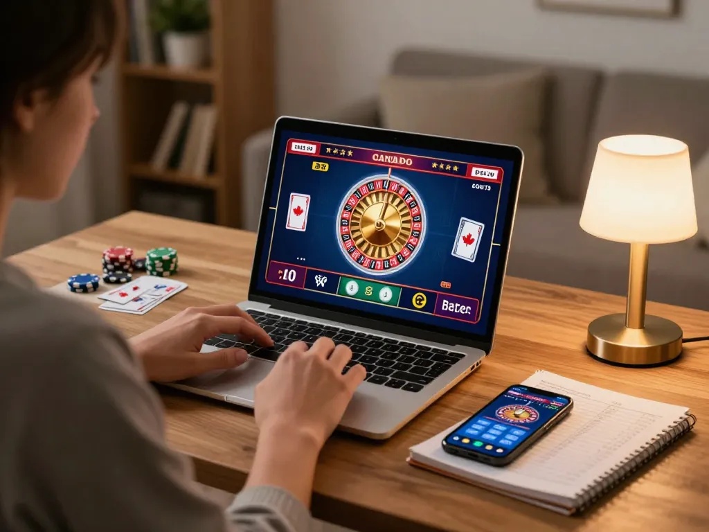 Engaging in online casinos in Canada with a strategic gaming setup at home showing a roulette game on laptop.