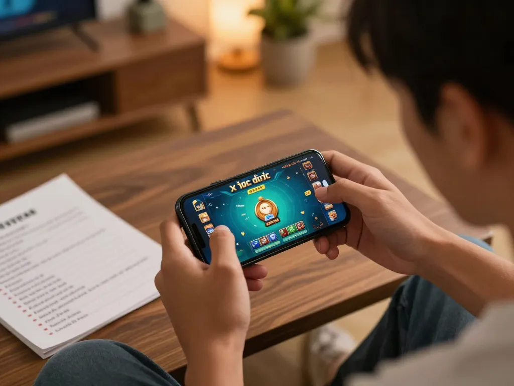 Xóc đĩa online gameplay on a smartphone with player strategizing in a cozy home setting.